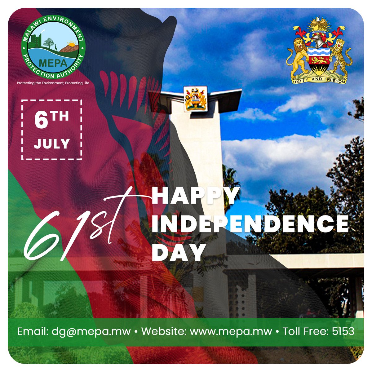 As we commemorate our 61 years of independence, MEPA is still dedicated to creating a more sustainable, greener, and cleaner Malawi for present and future generations.

#HappyIndependenceDay
#protectingtheenvironmentprotectinglife