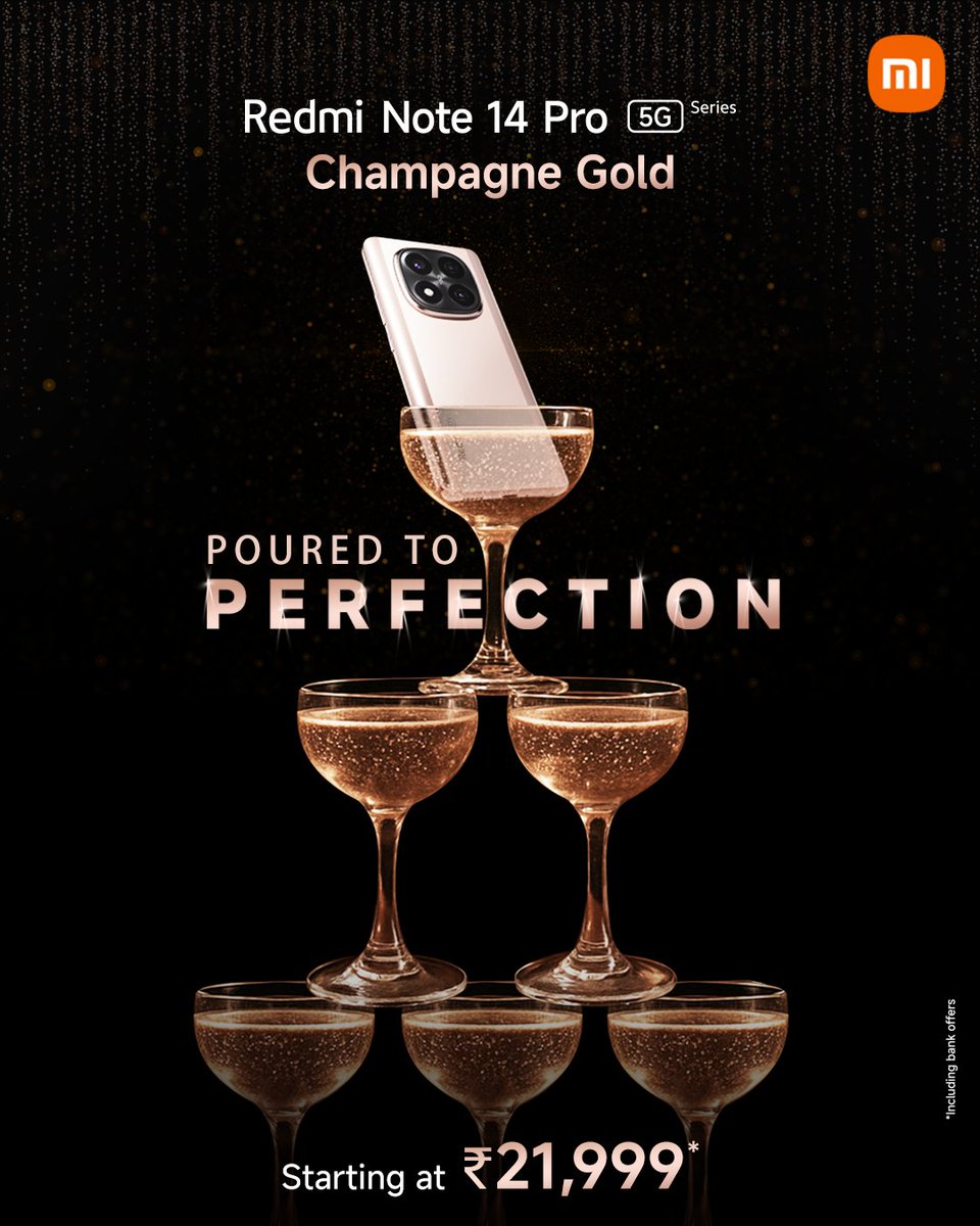 RedmiIndia's tweet image. Luxury. Style. Power. Now served in Champagne Gold.
The all-new Redmi Note 14 Pro Series, poured to perfection.
Starting at an all-new price of ₹21,999*. Buy now!
🛒 bit.ly/RedmiNote14Pro…