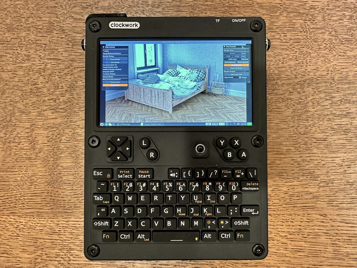 yiningkarlli's tweet image. Got my hobby renderer compiled and up and running (slowly) on the silly little handheld Raspberry Pi CM5 cyberdeck thingy that I ordered on a whim recently.
Is this a particularly practical productive device? No! But it sure is fun! The keyboard is better than I expected.