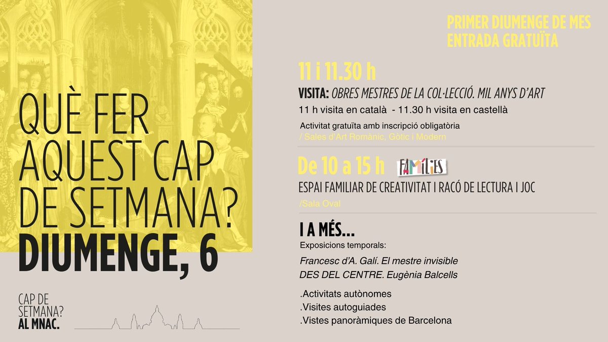 🔥 Diumenge de calor? Refresca’t al MNAC! 

🖼️ Viatja al passat a través de l'art amb la visita comentada "Obres mestres de la col·lecció: Mil anys d'art".

💡 I recorda: avui és primer diumenge de mes, gaudeix de l'entrada gratuïta al Museu!

📲 capdesetmanamnac.cat