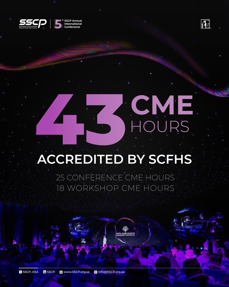 📣 43 CME Hours Are Official!
We’re pleased to announce that #SSCP25 conference is accredited by SCFHS <a href="/SchsOrg/">هيئة التخصصات الصحية</a> : with a total of 43 CPD/CME hours

Take advantage of early registration and:
✅ Secure your spot.
✅ Earn your credits.
✅ Be part of an Endless Exchange.

Register