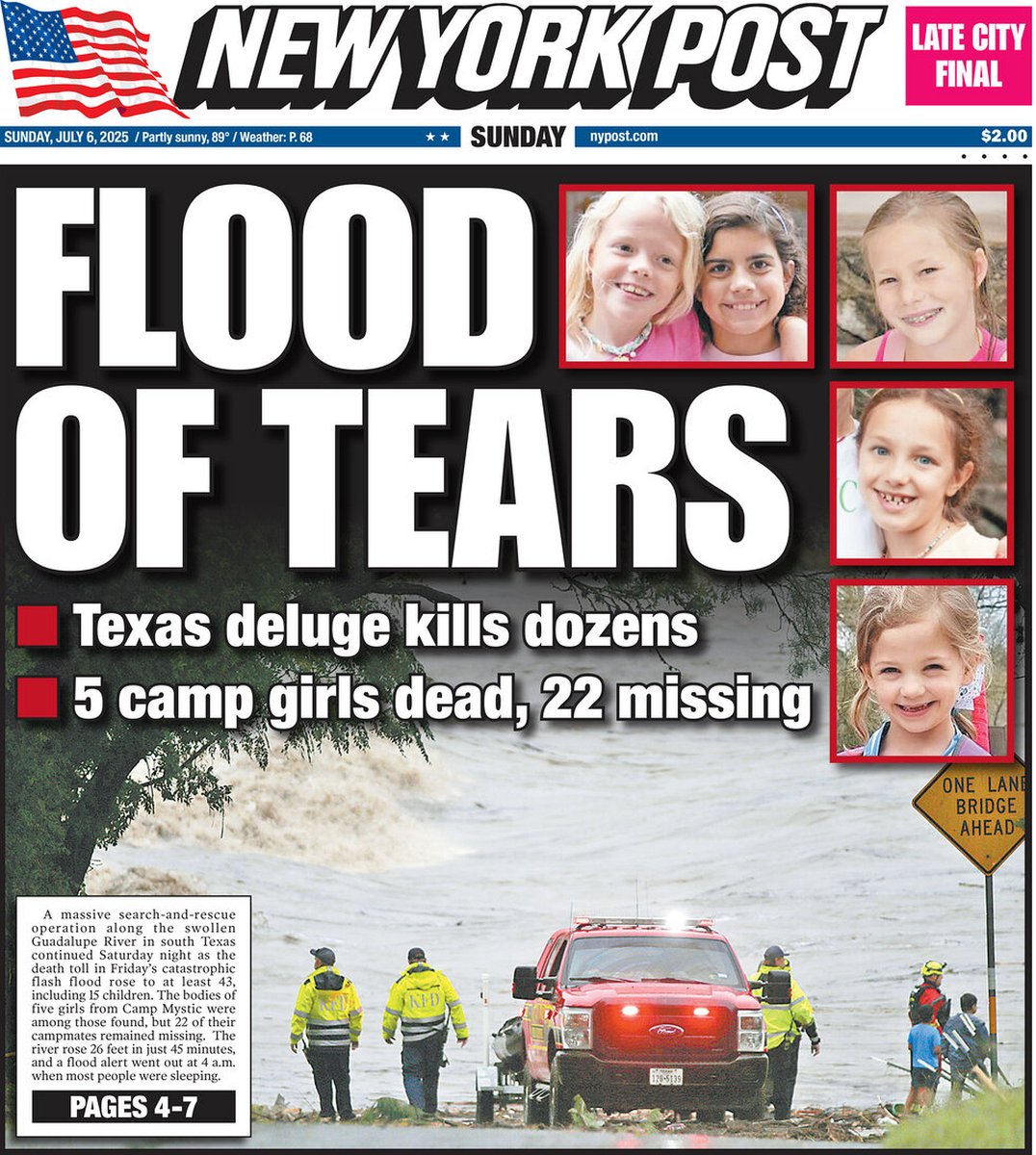 🇺🇸 Flood Of Tears

▫Death toll in catastrophic Texas flooding rises to 43, including 15 children and 28 adults, officials say
▫<a href="/ktdonlevy/">katie</a>
▫is.gd/zuyFMm

#frontpagestoday #USA <a href="/nypost/">New York Post</a>