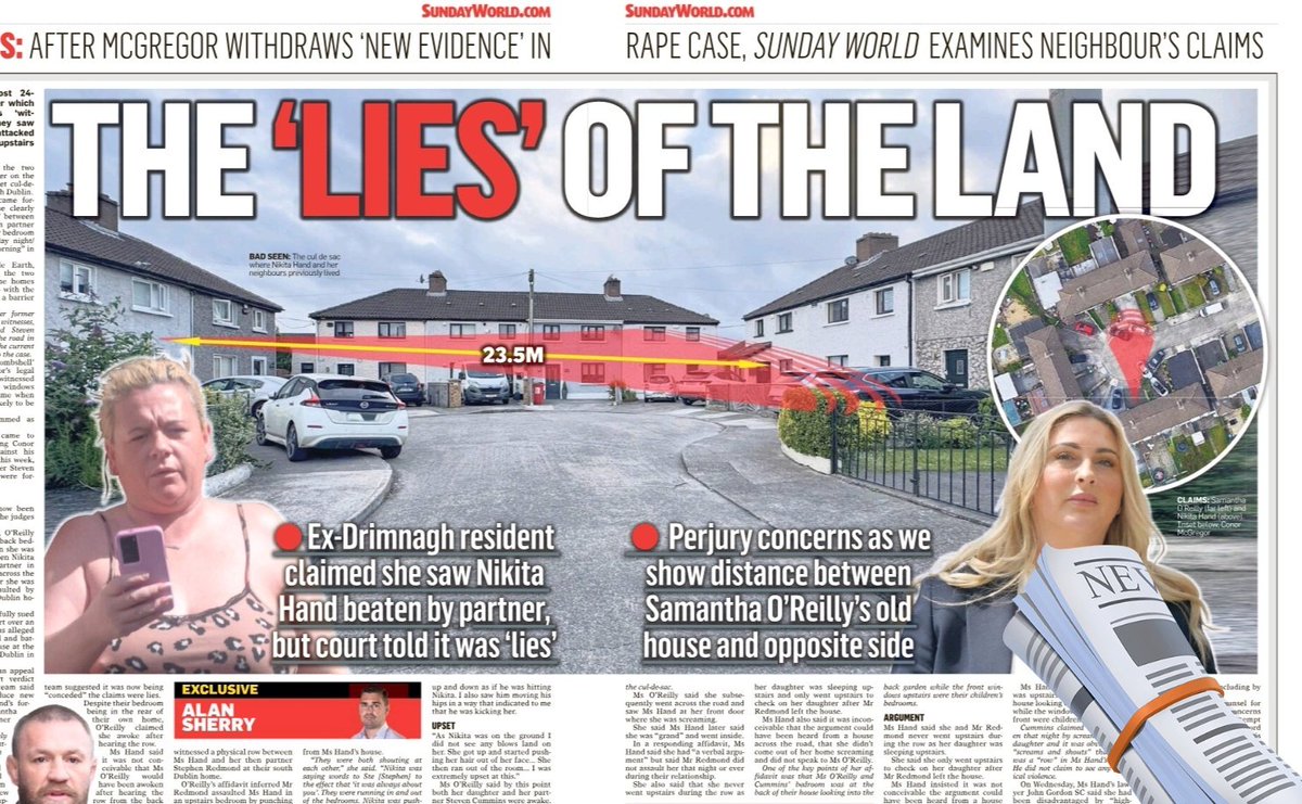 Mick Caul (@caulmick) on Twitter photo THIS is the almost 24-metre distance over which Conor McGregor's 'witnesses' claimed they saw Nikita Hand being attacked through their upstairs window. - Alan Sherry
<a href="/sundayworld/">Sunday World</a> THIS is the almost 24-metre distance over which Conor McGregor's 'witnesses' claimed they saw Nikita Hand being attacked through their upstairs window. - Alan Sherry
<a href="/sundayworld/">Sunday World</a>