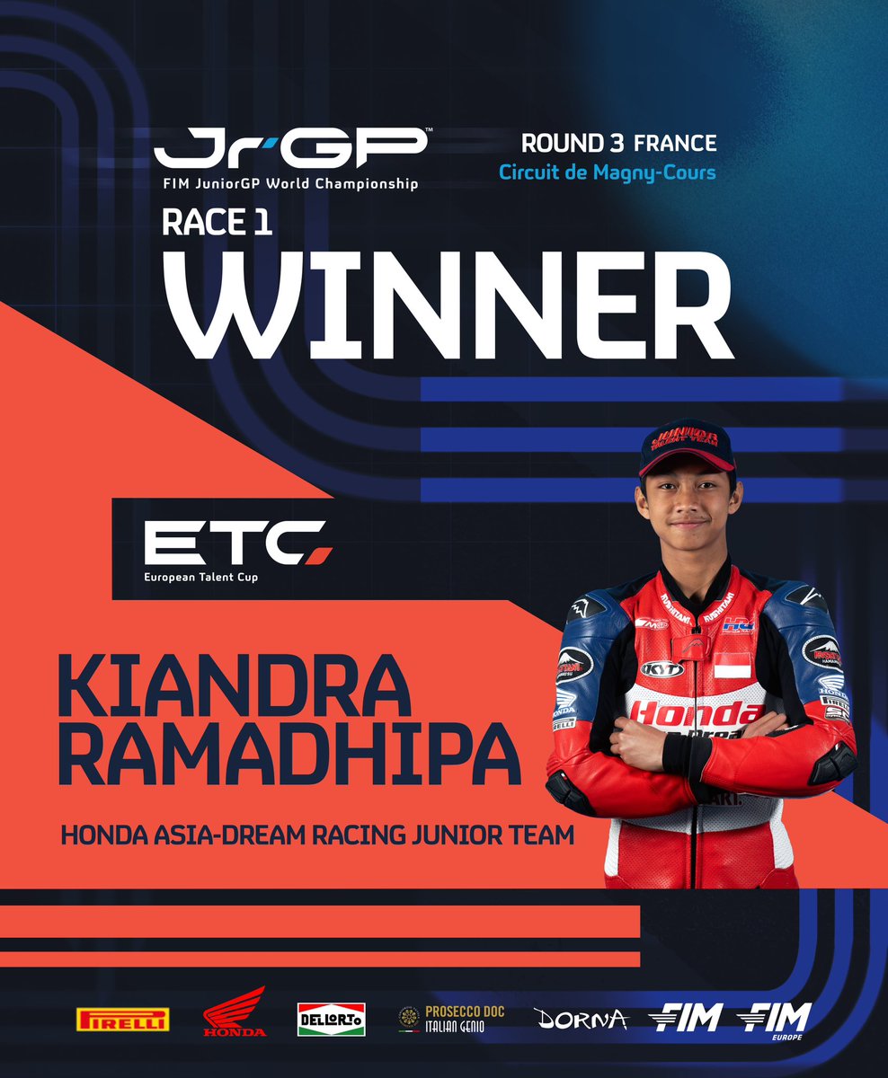motojuniorwc's tweet photo. History made! 🇮🇩✨

Kiandra Ramadhipa takes his first-ever #ETC victory in stunning style! 🙌

#RoadToMotoGP🏁 https://t.co/Nz8LJbL0Jq
