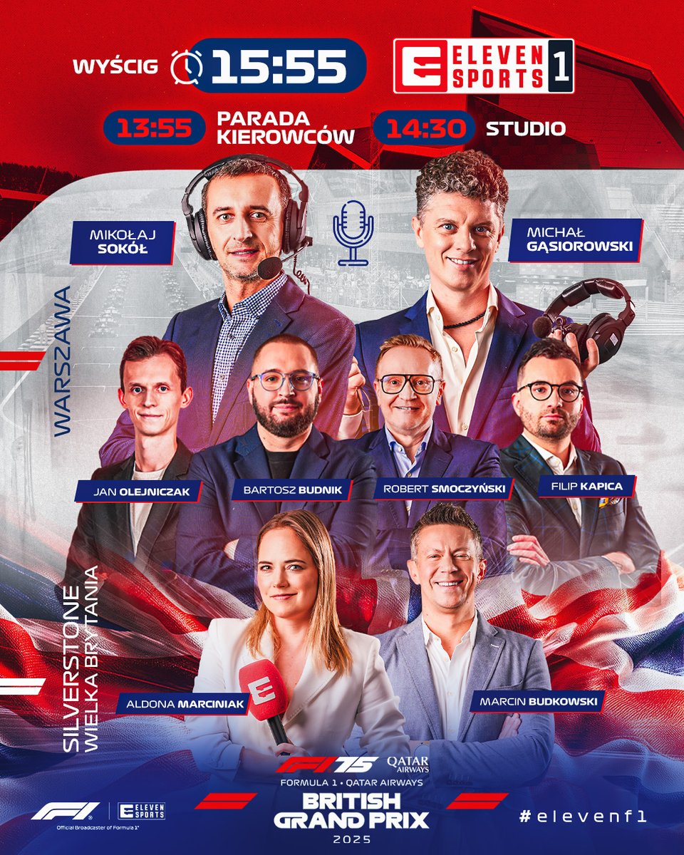 ELEVEN SPORTS PL (@elevensportspl) on Twitter photo Nasza ekipa na 🇬🇧 #BritishGP
🎙️ <a href="/M_Gasiorowski/">Michał Gąsiorowski</a>, <a href="/SokolimOkiem/">Mikołaj Sokół</a>
📺 <a href="/jasolejniczak/">Jasiek Olejniczak</a>, <a href="/bartosz_budnik/">Bartosz Budnik</a>, <a href="/rosmoc/">Robert Smoczynski</a>, <a href="/fkapica/">Filip Kapica</a>
📌 <a href="/AldonaMarciniak/">Aldona Marciniak</a>, Marcin Budkowski
Studio rusza już o 14:30 (po paradzie kierowców), na wyścig zapraszamy od 15:55! 🏎️ #ElevenF1 🏁 Nasza ekipa na 🇬🇧 #BritishGP
🎙️ <a href="/M_Gasiorowski/">Michał Gąsiorowski</a>, <a href="/SokolimOkiem/">Mikołaj Sokół</a>
📺 <a href="/jasolejniczak/">Jasiek Olejniczak</a>, <a href="/bartosz_budnik/">Bartosz Budnik</a>, <a href="/rosmoc/">Robert Smoczynski</a>, <a href="/fkapica/">Filip Kapica</a>
📌 <a href="/AldonaMarciniak/">Aldona Marciniak</a>, Marcin Budkowski
Studio rusza już o 14:30 (po paradzie kierowców), na wyścig zapraszamy od 15:55! 🏎️ #ElevenF1 🏁