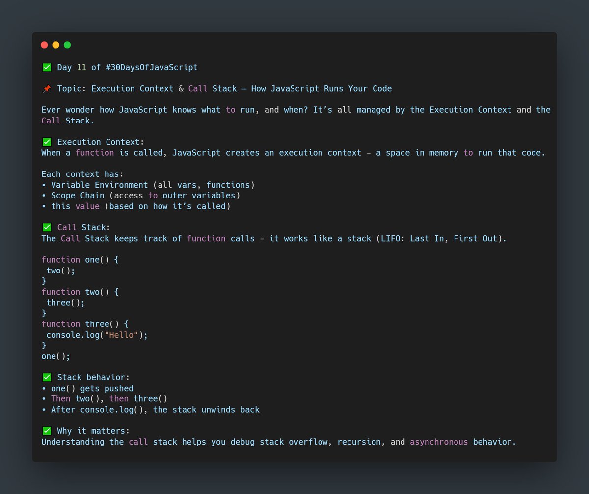 RohitRaj1356665's tweet image. ✅ Day 11 of #30DaysOfJavaScript

📌 Topic: Execution Context &amp;amp; Call Stack - How JavaScript Runs Your Code

#CallStack #ExecutionContext #Frontend #DebuggingTips #JSConcepts #JSInterviewTips #JavaScript #FrontendDeveloper #WebDev #reactdeveloper #CodeTips #WebDevelopment #JSQuiz