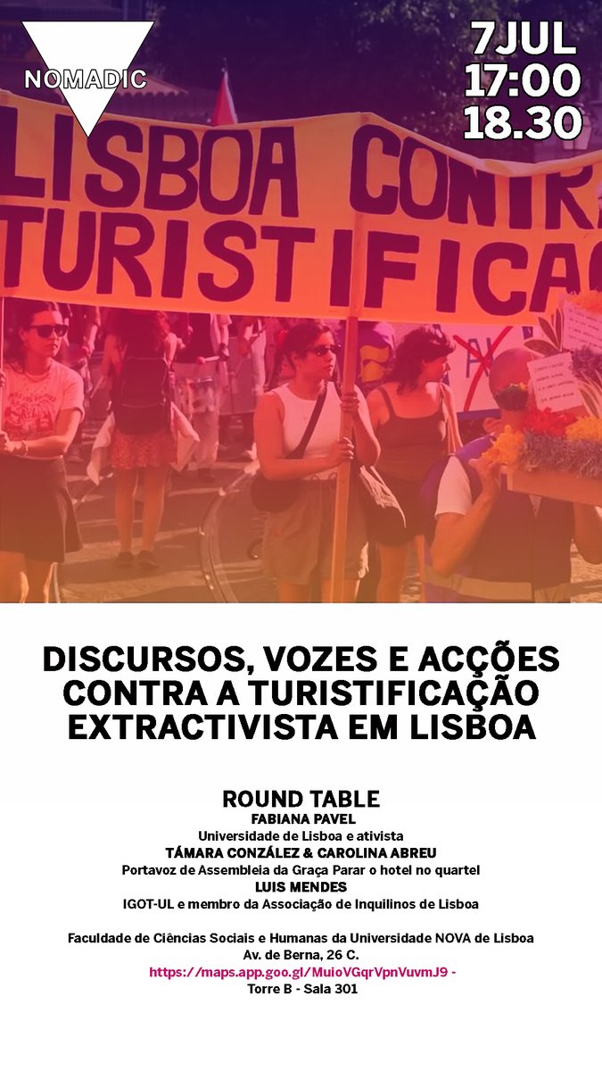 5/5
👉 Este lunes 7 de julio a las 17h organizamos la mesa redonda:
 “Discursos, vozes e acções contra a turistificação extractivista em Lisboa”
📍Faculdade de Ciências Sociais da NOVA
🎤 Con activistas, investigadoras y movimientos urbanos.
🗺️ maps.app.goo.gl/MuioVGqrVpnVuv…