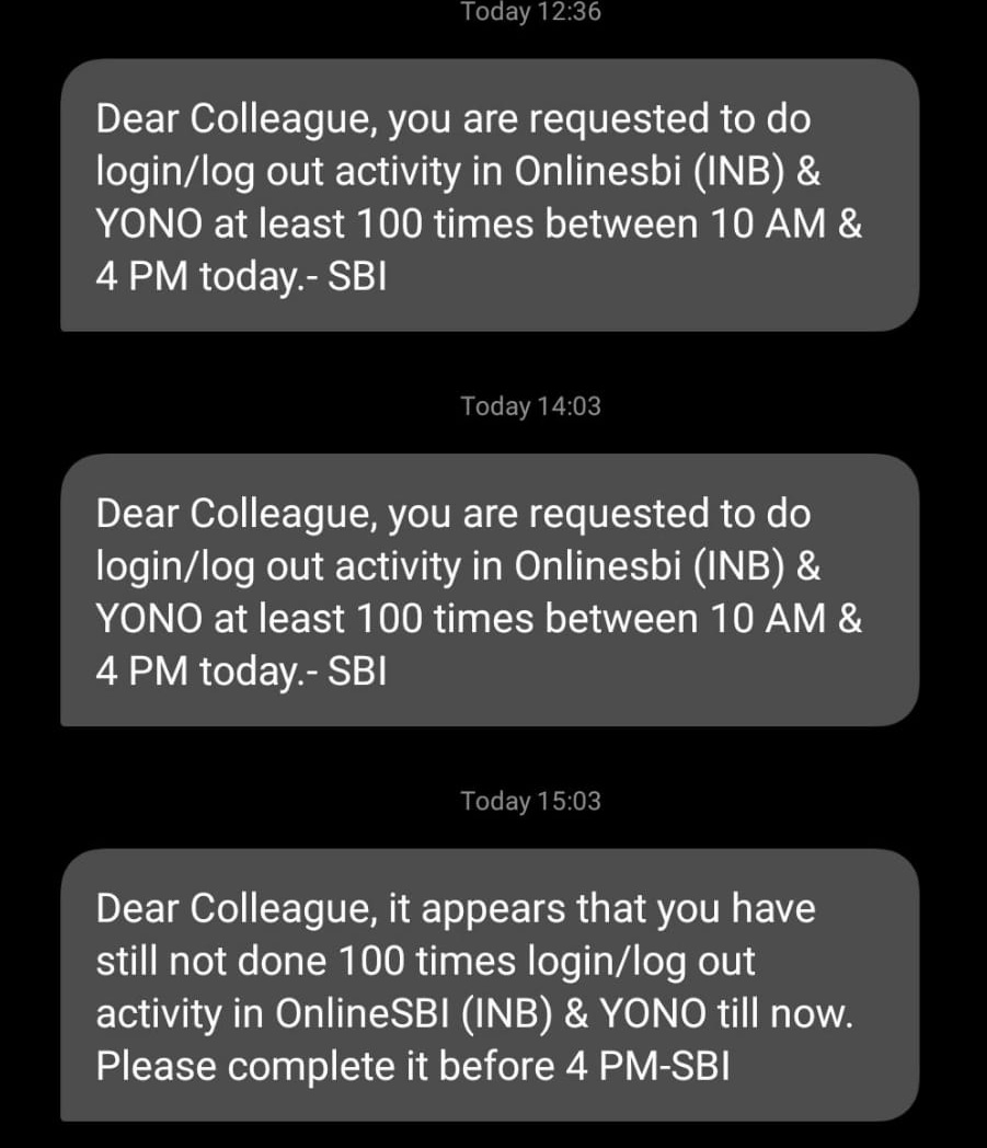 Alankrit Shukla (@alashshukla) on Twitter photo Staff 6 days branch me kaam kare..
Sunday ko ye testing kare.
Aajtak nahi suna hai ki kisi app ko staff se test karwane kliye 100 baar login logout karne ko bola jaaye.
Karwana hai to working day me karwao.
Ya phir leave k din ka payment karo.
<a href="/TheOfficialSBI/">State Bank of India</a> Staff 6 days branch me kaam kare..
Sunday ko ye testing kare.
Aajtak nahi suna hai ki kisi app ko staff se test karwane kliye 100 baar login logout karne ko bola jaaye.
Karwana hai to working day me karwao.
Ya phir leave k din ka payment karo.
<a href="/TheOfficialSBI/">State Bank of India</a>