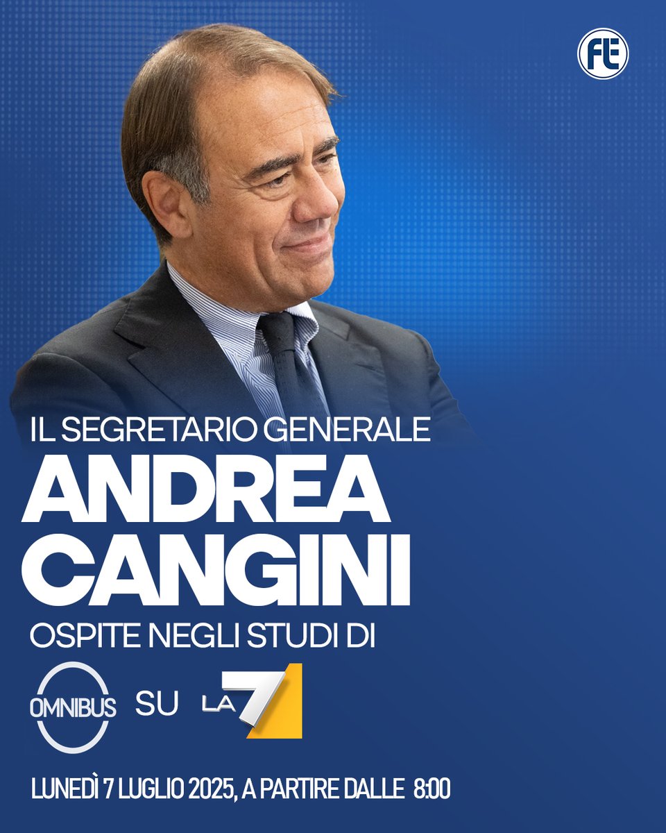 Domani mattina il Segretario generale <a href="/andrea_cangini/">Andrea Cangini</a> sarà ospite di Omnibus negli studi di <a href="/La7tv/">La7</a>.
Non mancate! 📺
