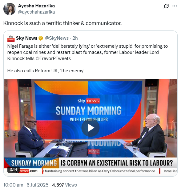Ayesha Hazarika "advised" Labour leaders Gordon Brown and Ed Miliband to successive GE defeats.

Neil Kinnock led Labour to two successive GE defeats.

Both relentlessly attacked Corbyn to protect the neoliberal status quo.

Both have jobs for life in the House of Lords.