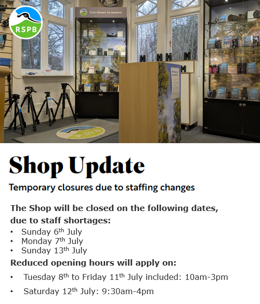 Up to date calendar of closures/opening times for The Lodge Shop, up to Sunday 13th July. 👇

The Cafe is scheduled to be open all days.

Please keep checking for updates, and thank you for your understanding.