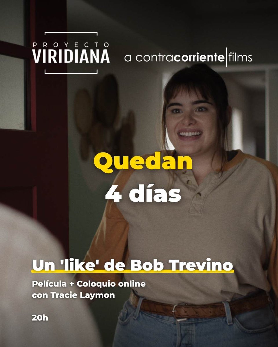⌛ ¡Solo faltan 4 días para el pase especial de UN LIKE DE BOB TREVINO!

Con coloquio online exclusivo junto a la directora Tracie Laymon 💛

📲 Lily, una joven solitaria, conecta por internet con un desconocido que comparte el nombre de su padre ausente: Bob Trevino. Y lo que