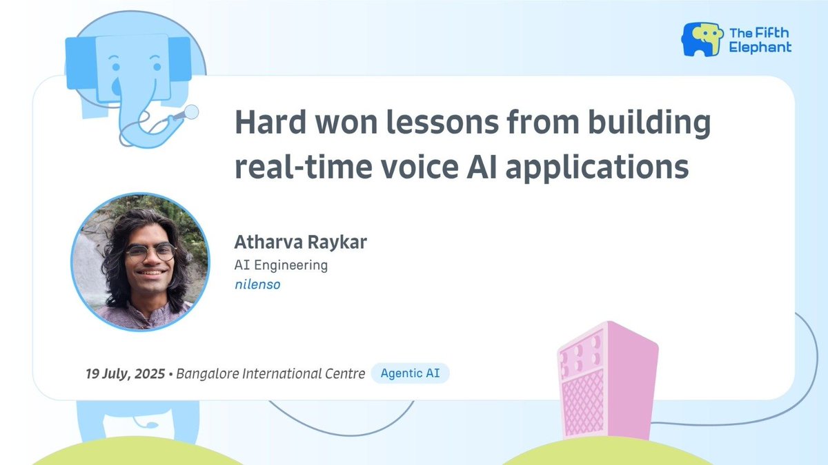 atharva (@atharvaraykar) on Twitter photo Voice bot development demands scientific methods and not just engineering blueprints. I will talk about what engineering teams can do to enable voice bots that can handle the messy real world.
๐Catch me <a href="/fifthel/">The Fifth Elephant</a> on 19 July.
<a href="/hasgeek/">Hasgeek</a> <a href="/pramodbiligiri/">Pramod Biligiri</a> <a href="/vedang/">Vedang (fosstodon.org/@vedang)</a> <a href="/sidhusmart/">Sid</a> Voice bot development demands scientific methods and not just engineering blueprints. I will talk about what engineering teams can do to enable voice bots that can handle the messy real world.
๐Catch me <a href="/fifthel/">The Fifth Elephant</a> on 19 July.
<a href="/hasgeek/">Hasgeek</a> <a href="/pramodbiligiri/">Pramod Biligiri</a> <a href="/vedang/">Vedang (fosstodon.org/@vedang)</a> <a href="/sidhusmart/">Sid</a>