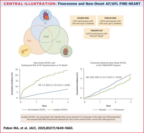 Finerenone Reduces New-Onset Atrial Fibrillation Across the Spectrum of Cardio-Kidney-Metabolic Syndrome: The FINE-HEART Pooled Analysis

The nonsteroidal MRA finerenone reduced the risk of new-onset AF/AFL across the CKM spectrum.

jacc.org/doi/10.1016/j.…