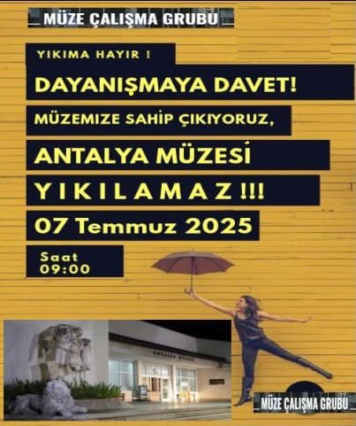 Mimari Ödüllü Antalya Müzesi yıkılmak isteniyor. Yarın sabah 09:00’da müze önünde yıkmadan mimariyi koruma üzerine bir çalıştay gerçekleşecek. Herkes davetlidir. #antalyaarkolojimüzesi