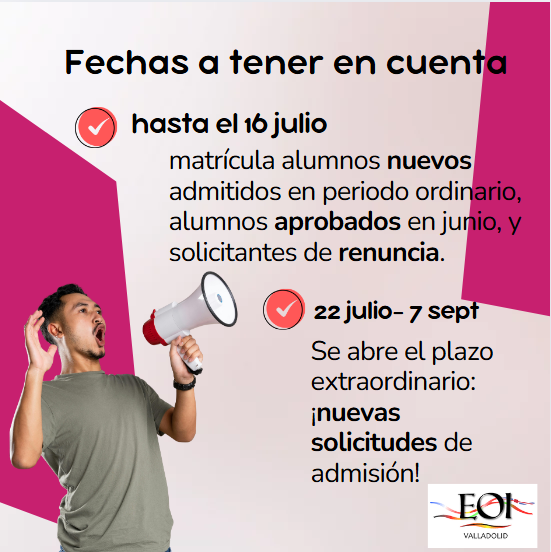 Que no se te pasen los plazos:
Si eres alumno nuevo admitido en periodo ordinario: matricúlate ahora.
Si aprobaste en junio: matricúlate ahora.
Si solicitaste renuncia: matricúlate ahora.
Si quieres estudiar con nosotros y se te pasó el plazo ordinario: solicita plaza desde 22/07