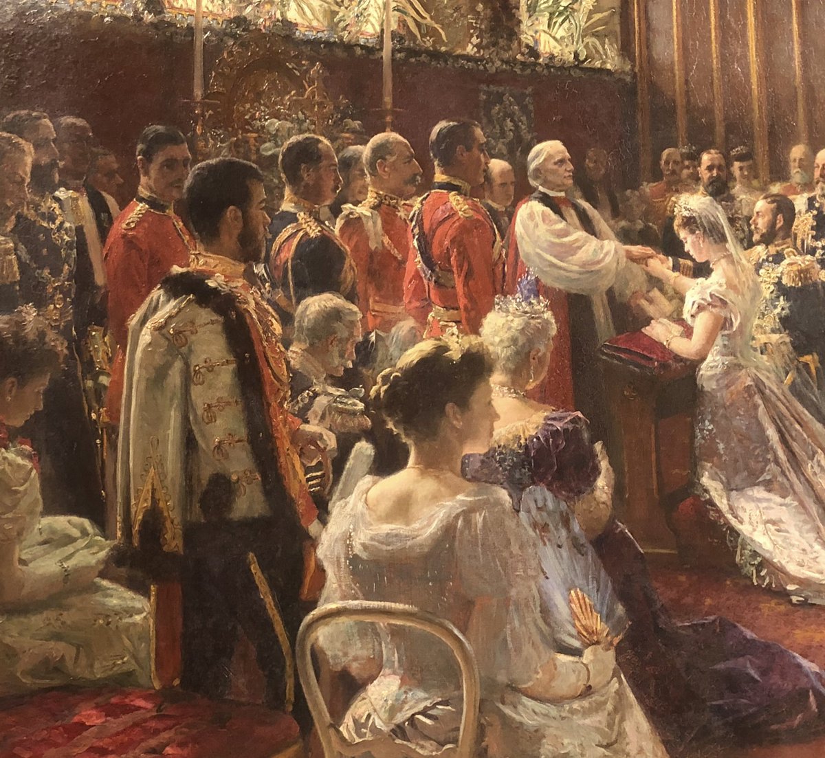 RoyalsOther's tweet image. The future George V and Queen Mary were married at St George’s Chapel, Windsor on 6th July 1893. Painting by Laurits Tuxen.