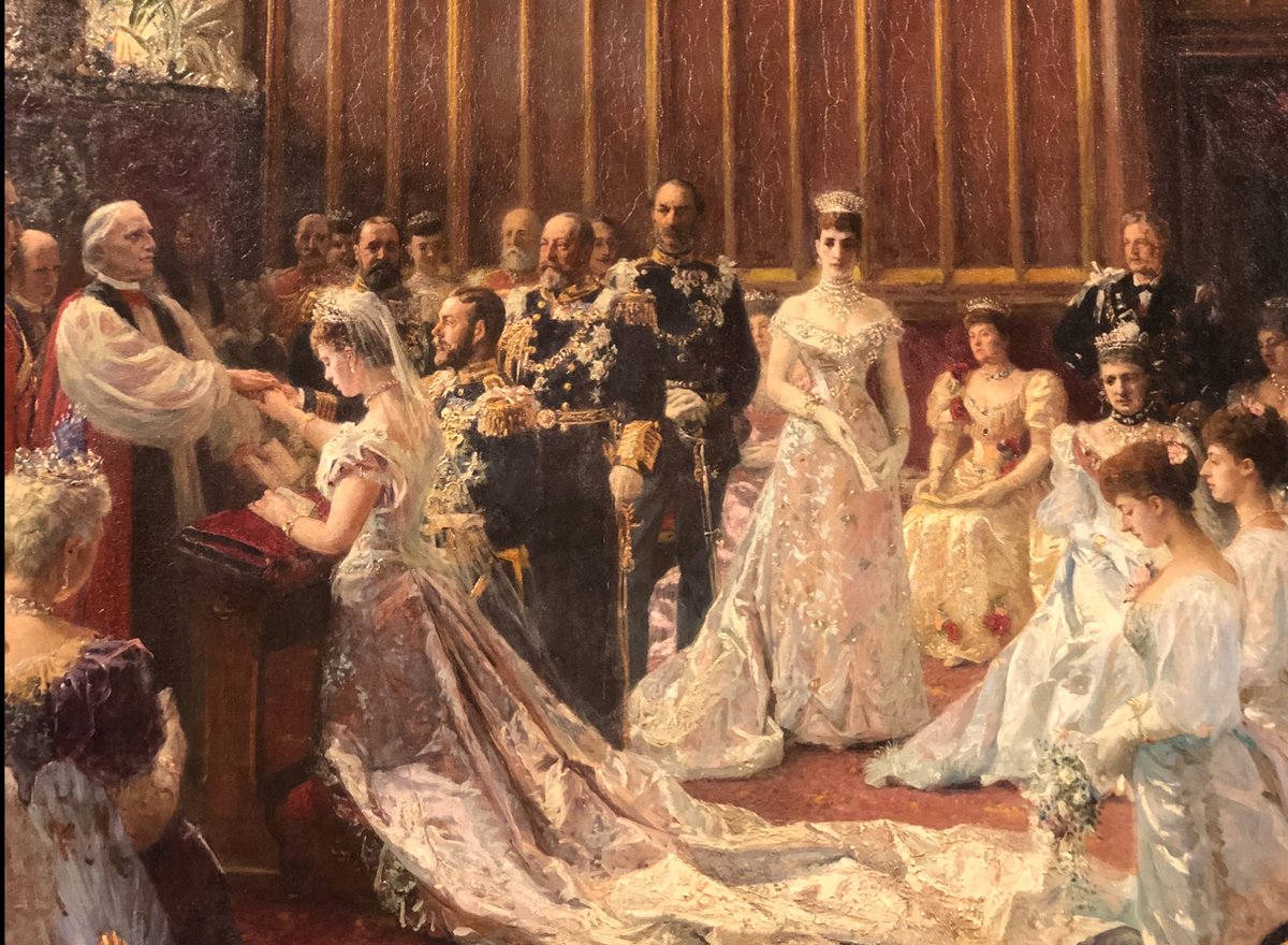 RoyalsOther's tweet image. The future George V and Queen Mary were married at St George’s Chapel, Windsor on 6th July 1893. Painting by Laurits Tuxen.
