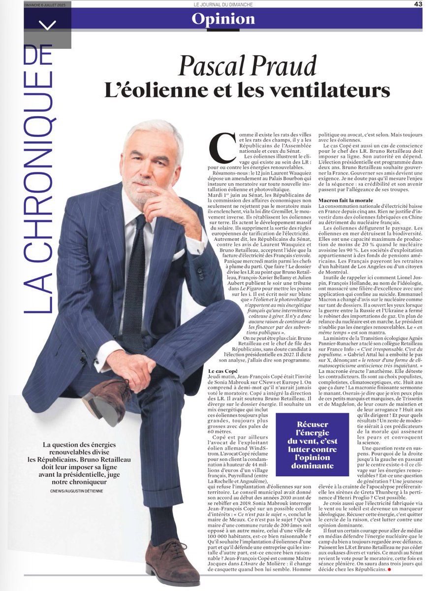 Alexandre Jardin (@alexandrejardin) on Twitter photo Papier très bien fait de <a href="/PascalPraud/">Pascal Praud</a> :
Il en ressort que si mercredi prochain les membres LR du @senat désobéissaient à <a href="/BrunoRetailleau/">Bruno Retailleau</a> en cherchant à faire exploser notre #factureElectricite en adoptant la #PPE3, nous saurons que ce parti s’est auto-désintégré et ne peut Papier très bien fait de <a href="/PascalPraud/">Pascal Praud</a> :
Il en ressort que si mercredi prochain les membres LR du @senat désobéissaient à <a href="/BrunoRetailleau/">Bruno Retailleau</a> en cherchant à faire exploser notre #factureElectricite en adoptant la #PPE3, nous saurons que ce parti s’est auto-désintégré et ne peut