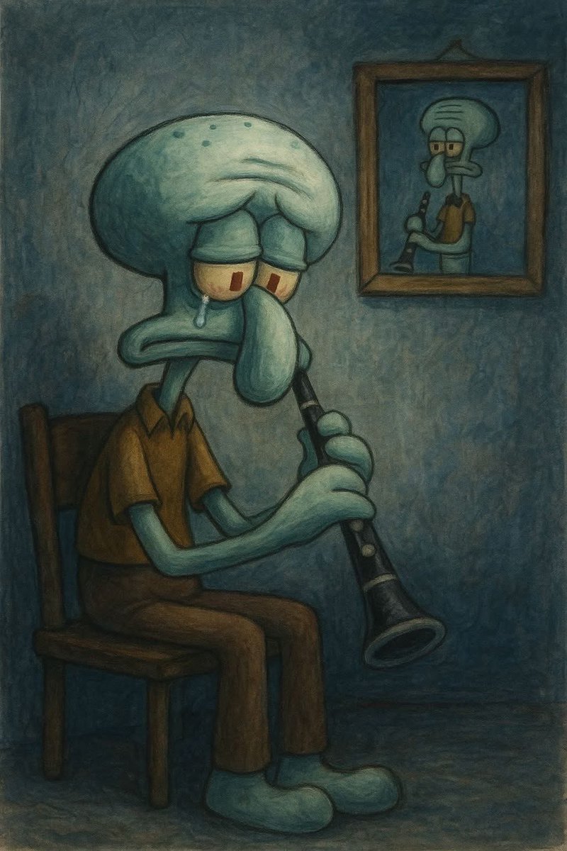 𝗖𝗮𝗹𝗮𝗺𝗮𝗿𝗱𝗼 𝗧𝗲𝗻𝘁𝗮𝗰𝘂𝗹𝗼𝘀 

Calamardo representa a un adulto frustrado que tuvo sueños artísticos… pero vive atrapado en una vida mediocre que odia.

Calamardo quería ser músico, bailarín, artista… pero terminó trabajando como cajero en el Crustáceo Cascarudo,