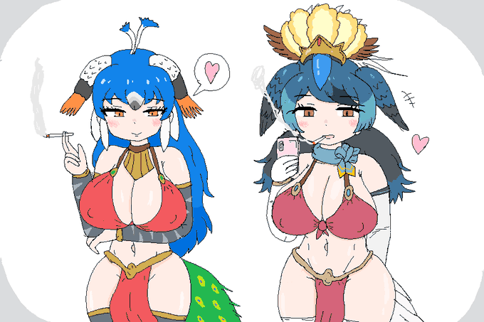 美人な鳥のお姉さん達が吸ってる所目撃して軽く脳破壊されたかった(+ポニテ差分) 「ボク君に煙草吸ってる所見られちゃいましたね～～(クスクス)」