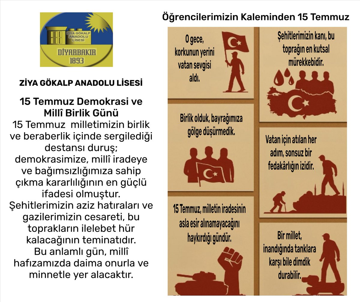 ÇEDES projesi kapsamında DKAB öğretmenimiz Ramazan Güler rehberliğinde, 15 Temmuz temalı değerler eğitimi etkinliği yapıldı. Öğrenciler, vatan sevgisi ve fedakârlık üzerine düşünerek anlamlı cümleler kaleme aldılar.
<a href="/Yusuf__Tekin/">Yusuf Tekin</a> 
<a href="/vali_zorluoglu/">Murat Zorluoğlu</a> 
<a href="/Murat4Kucukali/">Murat Küçükali</a>
<a href="/husamettin_atli/">Hüsamettin ATLI</a>