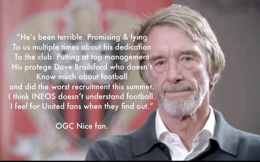 Also I’m sorry but anyone who wanted Ineos over Qatar is an enemy of the football club.

Just look what they’re doing with PSG. Yet we was warned by Nice FC fans.