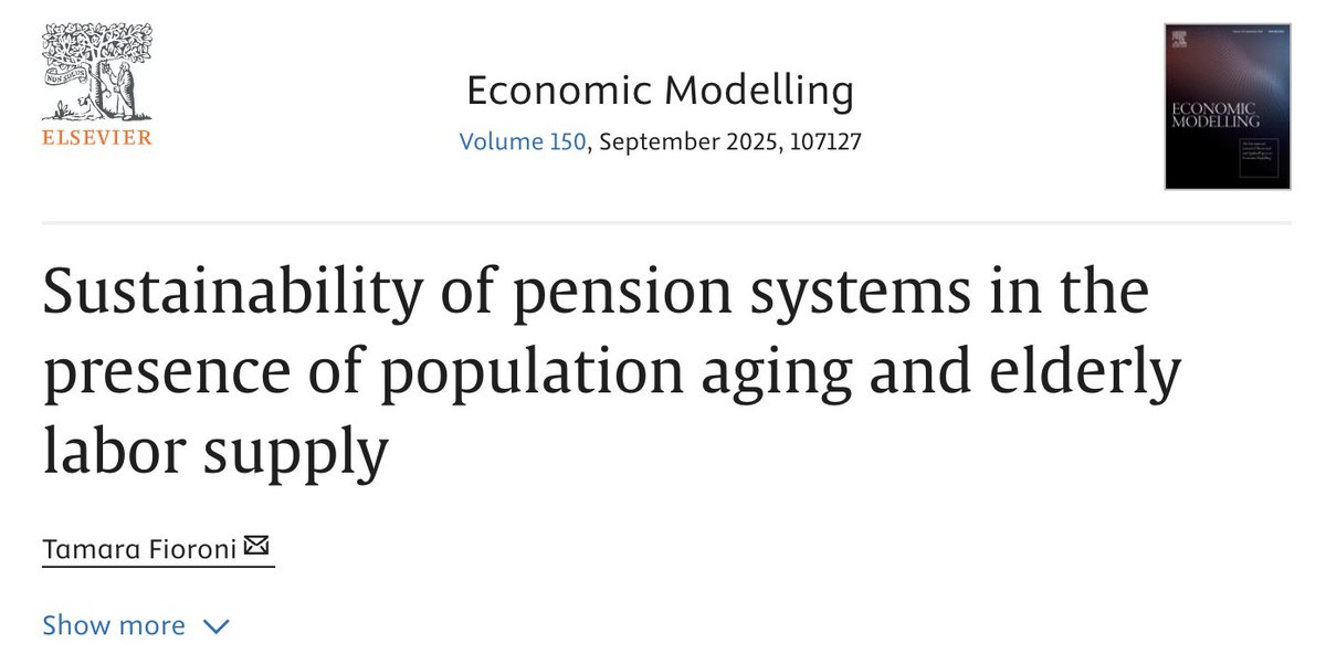 #JustPublished Sustainability of pension systems in the presence of population aging and elderly labor supply
#pension #Labour #Economics #aging
by Tamara Fioroni(University of Verona)
sciencedirect.com/science/articl…