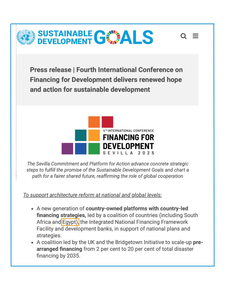 Rania A. Al Mashat (@raniaalmashat) on Twitter photo At the #FFD4, #Egypt’s Country Platform, NWFE Program, was recognized in the <a href="/UN/">United Nations</a> Final Press Release as a model for the new generation of country platforms & a key instrument for reforming the global financial architecture.
🔗 Read More: un.org/sustainabledev… At the #FFD4, #Egypt’s Country Platform, NWFE Program, was recognized in the <a href="/UN/">United Nations</a> Final Press Release as a model for the new generation of country platforms & a key instrument for reforming the global financial architecture.
🔗 Read More: un.org/sustainabledev…