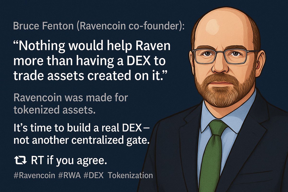 t.me/RavencoinDev/8…

<a href="/BruceFenton/">Bruce Fenton</a> (<a href="/Ravencoin/">Project Raven 🦅/ RVN / Ravencoin</a> co-founder):
“Nothing would help Raven more than having a DEX to trade assets created on it.

Ravencoin was made for tokenized assets.
It’s time to build a real DEX — not another centralized gate.

#RWA #DEX #RealWorldAssets $RVN