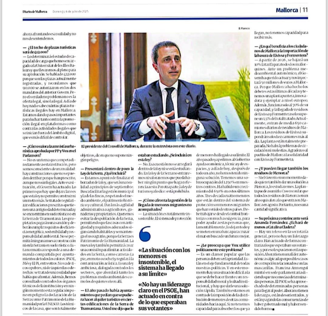 Bon dia! ☀️

Avui vos recomanam llegir l’entrevista del president, <a href="/Ll_Galmes/">Llorenç Galmés</a>, per <a href="/diariomallorca/">Diario de Mallorca</a> 🗞️

Fa balanç d’aquests dos anys al capdavant del <a href="/ConselldeMca/">Consell de Mallorca</a> i repassa els principals reptes que estan per venir, seguint el full de ruta establert.💪🏼

🔗 diariodemallorca.es/mallorca/2025/…