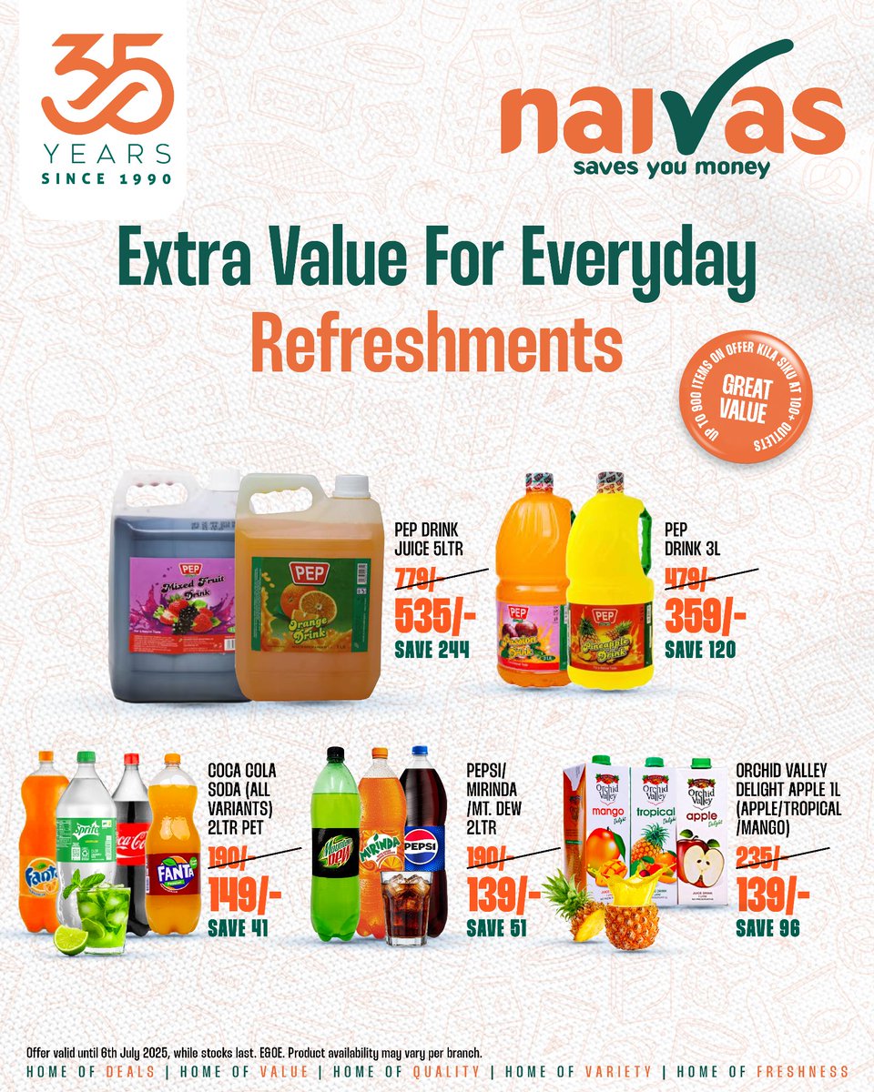 Jua ikijaribu kutokea kidogo hii weekend some ice cold drinks! 

Kuzipata ni simple, ingia Naivas iko karibu na wewe or click on the link to shop online: naivas.online

📌Valid until 6/7/2025

#NaivasAt35 #CelebrateNaivasAt35 #35YearsOfDeal