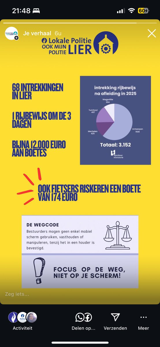 Om de drie dagen trekken we in Lier een rijbewijs in wegens afleiding achter het stuur. In totaal inden we al bijna 12.000 euro aan boetes voor het overtreden van deze maatregel.

gva.be/regio/antwerpe…