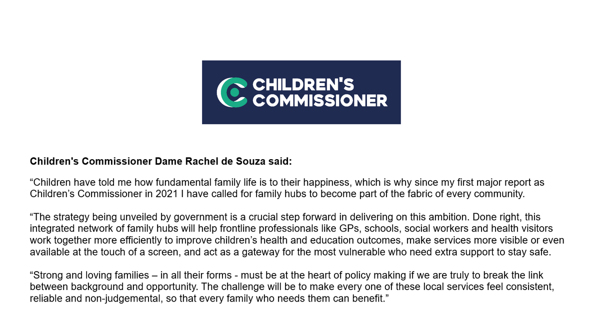 Children's Commissioner for England (@childrenscomm) on Twitter photo Family hubs should be part of the fabric of every community - this new strategy from <a href="/educationgovuk/">Department for Education</a> is a crucial step towards achieving this. Now the challenge is making every local service feel familial: consistent, non-judgemental & reliable. My statement in full 👇🏻 Family hubs should be part of the fabric of every community - this new strategy from <a href="/educationgovuk/">Department for Education</a> is a crucial step towards achieving this. Now the challenge is making every local service feel familial: consistent, non-judgemental & reliable. My statement in full 👇🏻