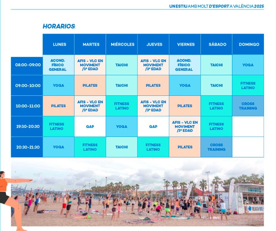 🧘‍♀️🌊 Connecta cos i ment a la vora de la mar!

Activitats dirigides gratuïtes de <a href="/FDMValencia/">FDM Deporte València</a>! 

🤸 Pilates, taitxí, gap, cross training, fitnes llatí i més
📍 Instal·lacions de voleibol platja – #Platja del #Cabanyal
🕒 Dilluns a diumenge
📅 Fins al 30 de setembre

T’hi esperem!