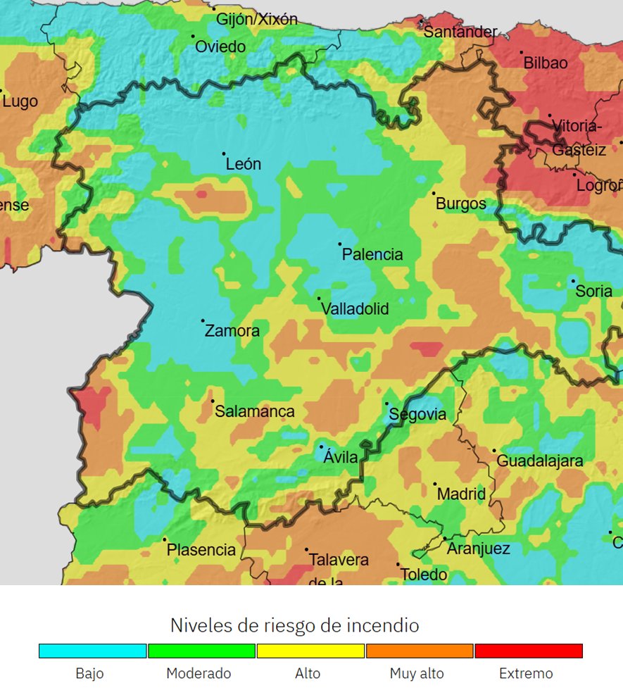 🌡️Temperaturas altas en el S de Ávila (35ºC). Máximas en descenso en el N.
🌧️Chubascos dispersos en zonas de montaña del E.
🌬️Viento de componente norte, de flojo a moderado.
🔥Riesgo de #IIFF extremo en Arribes (SA), Riaza (SG) y La Bañeza (LE). Muy alto en el Sur y en Burgos.