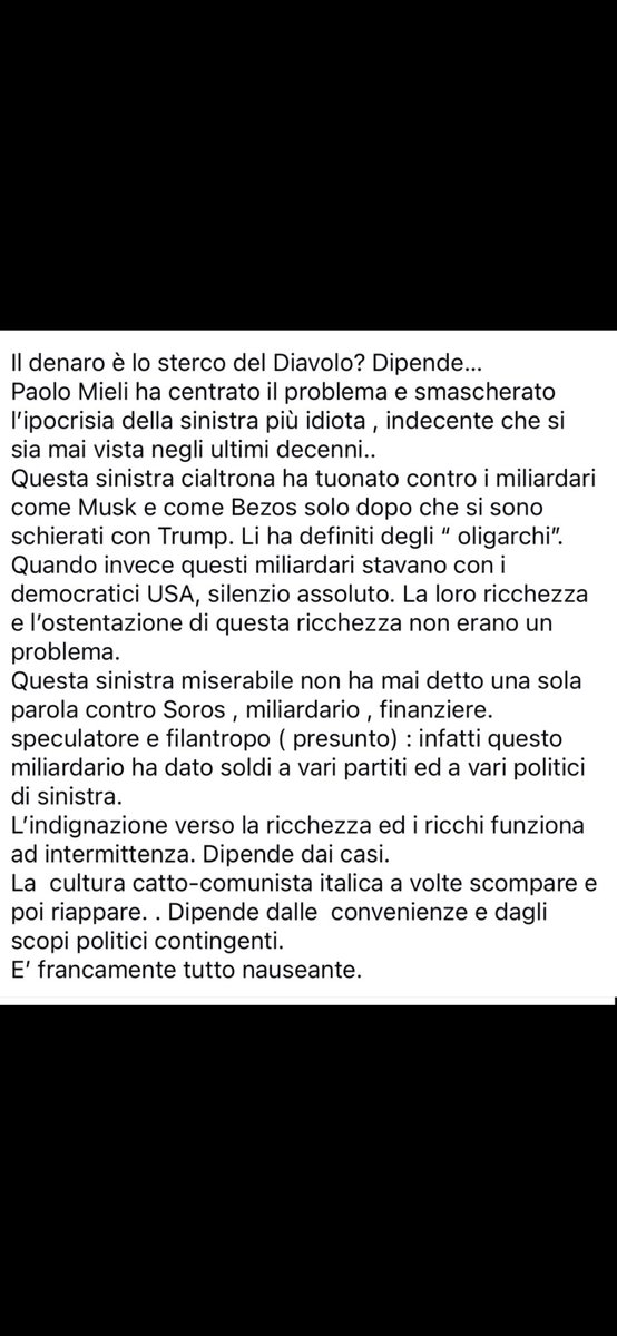 Paolo Mieli, in modo ironico , ha messo il dito nella piaga. 
I ricchi che stanno con la destra sono disgustosi; quelli che stanno con la sinistra non lo sono affatto. 

😂🤣🤡😁😅