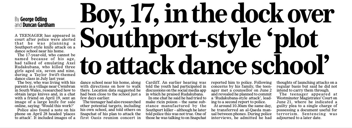 odlinggeorge's tweet image. EXCLUSIVE: Teenager planned Southport-style knife-attack at dance school after praising Axel Rudakubana
dailymail.co.uk/news/article-1…