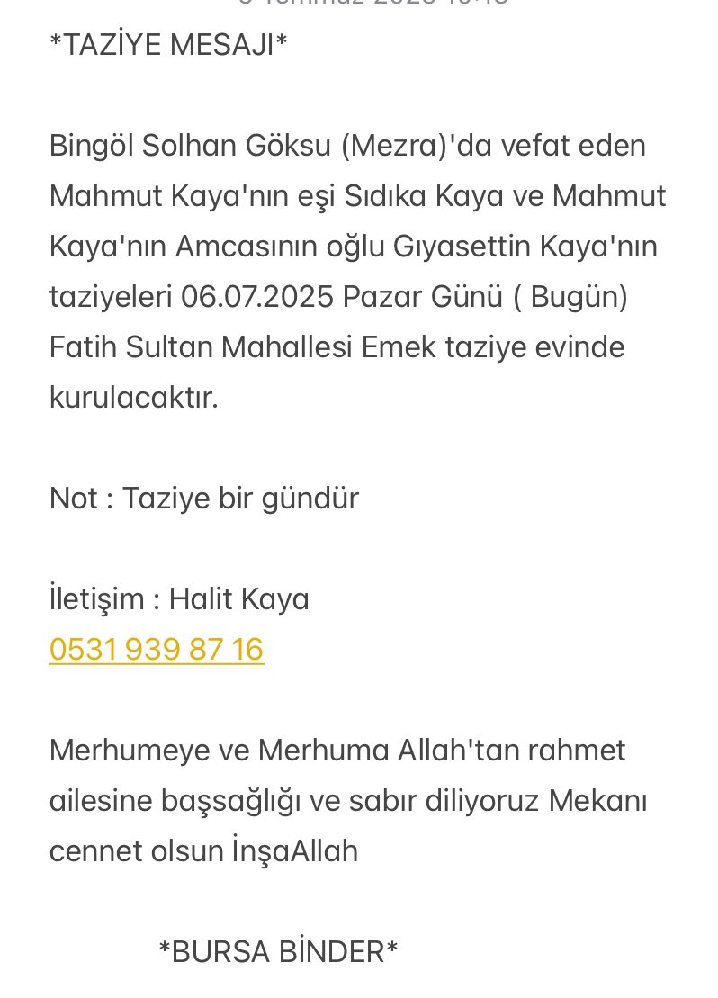 TAZİYE MESAJI…