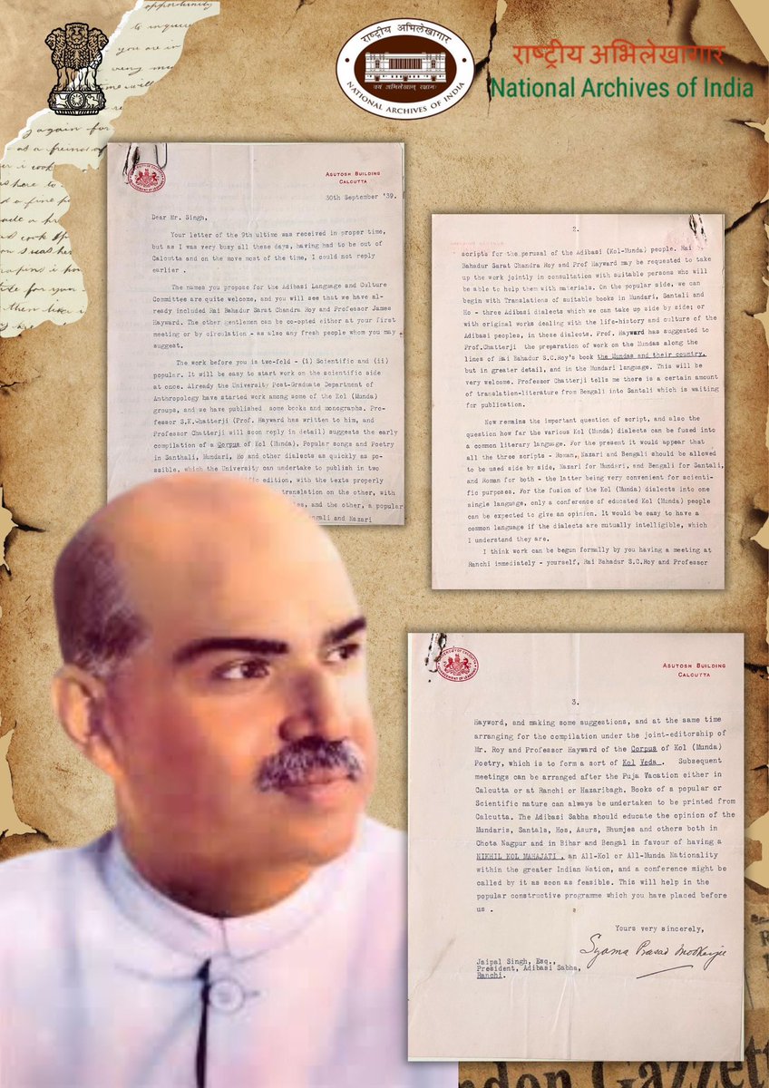 On Syama Prasad Mookerjee’s birth anniversary, #NAI shares a 1939 letter highlighting his support for tribal studies at Calcutta University, with a focus on the Kol (Munda) tribes.
-PA, N.K. Bose Papers, Acc. No. 757

#SyamaPrasadMookerjee #MainBharatHoon #AmritMahotsav