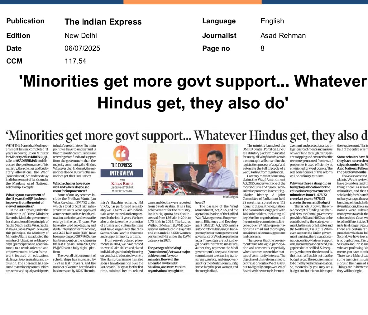 Ministry of Minority Affairs (@momaindia) on Twitter photo Hon'ble Union Minister of Minority Affairs, Shri <a href="/KirenRijiju/">Kiren Rijiju</a>, talks about Minority Welfare in an exclusive interview with The Indian Express.
Indian Express.
Read the full interview here: indianexpress.com/article/politi…
#MinorityAffairs #UMEEDAct1995 #PMJVK #WaqfAmendmentAct2025 Hon'ble Union Minister of Minority Affairs, Shri <a href="/KirenRijiju/">Kiren Rijiju</a>, talks about Minority Welfare in an exclusive interview with The Indian Express.
Indian Express.
Read the full interview here: indianexpress.com/article/politi…
#MinorityAffairs #UMEEDAct1995 #PMJVK #WaqfAmendmentAct2025