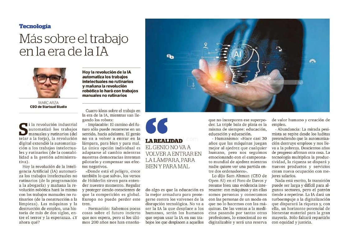 Implacable; Formació; Humanisme &amp; Abundància. Quatre idees sobre el treball a l'era de la IA. Article al @DiaridTarragona.