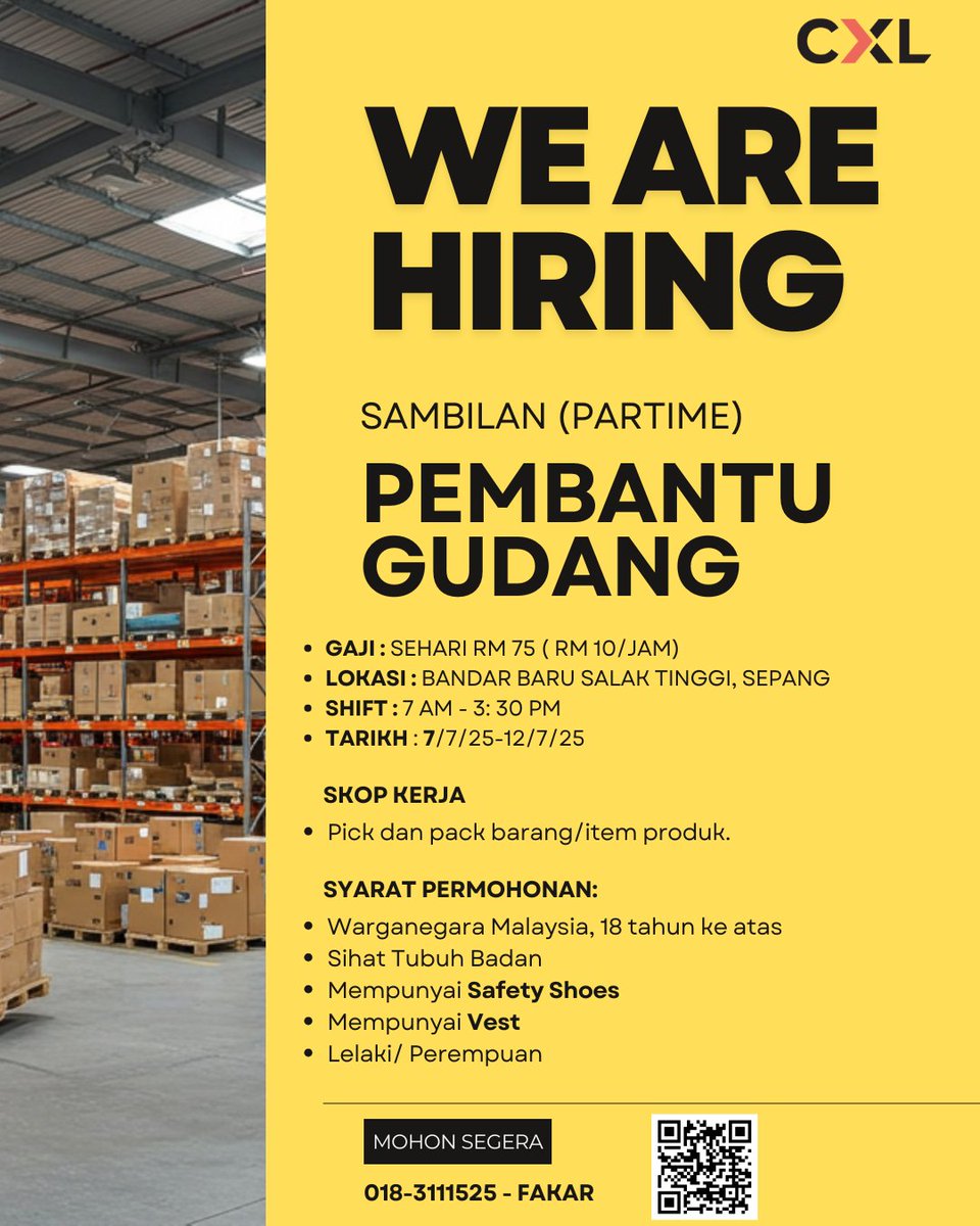 OFFICIALFAKAR_'s tweet photo. !!! PENGAMBILAN SEGERA!!!
PEMBANTU GUDANG SAMBILAN KOSMETIK
LOKASI BEKERJA: BANDAR BARU SALAK TINGGI
TARIKH BEKERJA: 7 JULAI SEHINGGA 12 JULAI 2025
SHIFT: 7AM-3.30PM
KIRAAN GAJI: RM10 PER JAM.

BERMINAT SILA TEKAN LINK DI BAWAH :-
https://t.co/uUnKmqUYhr https://t.co/NwWBD6mCWW