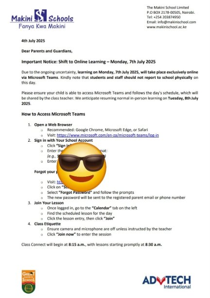 All classes at Makini Schools will be conducted online on Monday in response to anticipated #SabaSaba2025 protests. #77NiNumbers