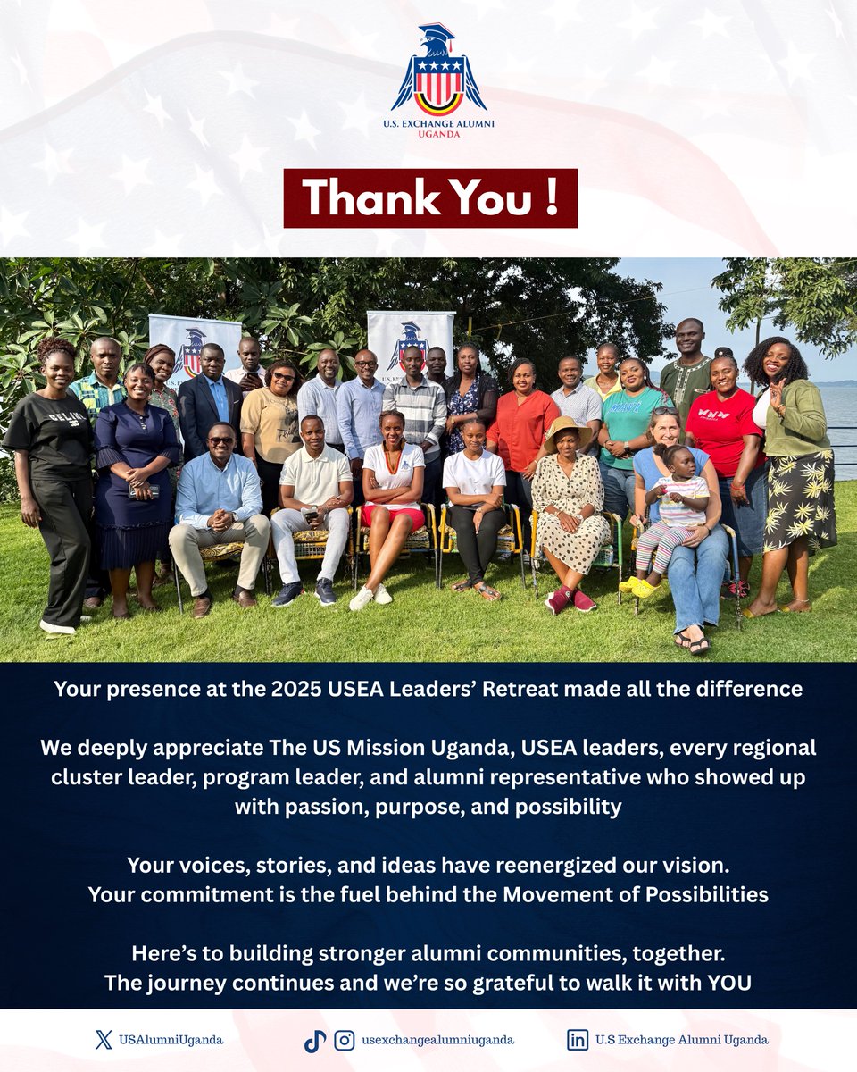 To every leader who showed up, spoke up, and stood tall yesterday, THANK YOU! 💙

Your energy fueled the #MovementOfPossibilities and your commitment is what makes #USEAUganda strong.

Here’s to building, together. 🙌

#ExchangeAlumniUG #USEAleadersretreat #KnowYourProgram