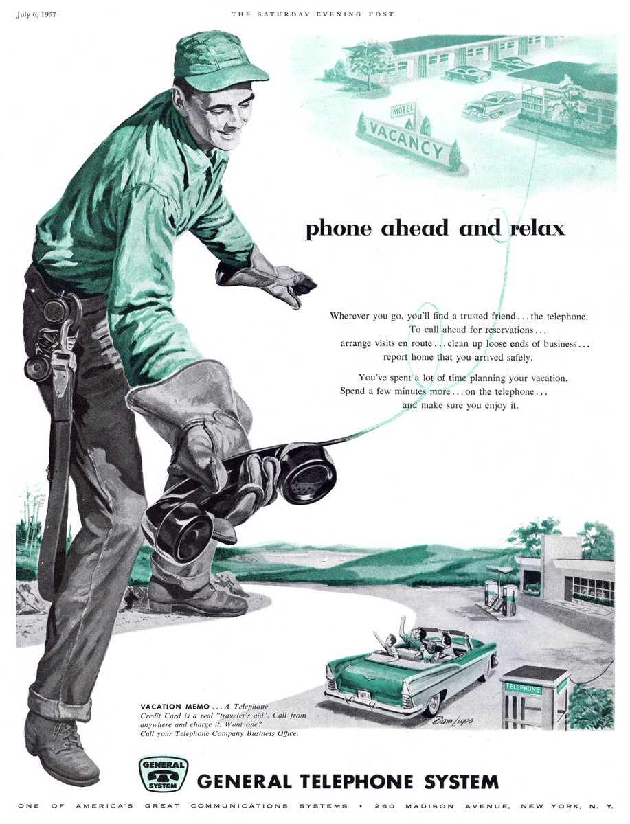 LRonLacy's tweet photo. #OTD in 1957
‘phone ahead and relax’
Illustration by Dom Lupo (1919-2013)
#GeneralTelephoneSystem
*The Saturday Evening Post*, July 6, 1957
#illustration #illustrationart #illustrationartists #DomLupo #motels #creditcards #telephone #gasstations #motortrips https://t.co/QyPVVuSmrP