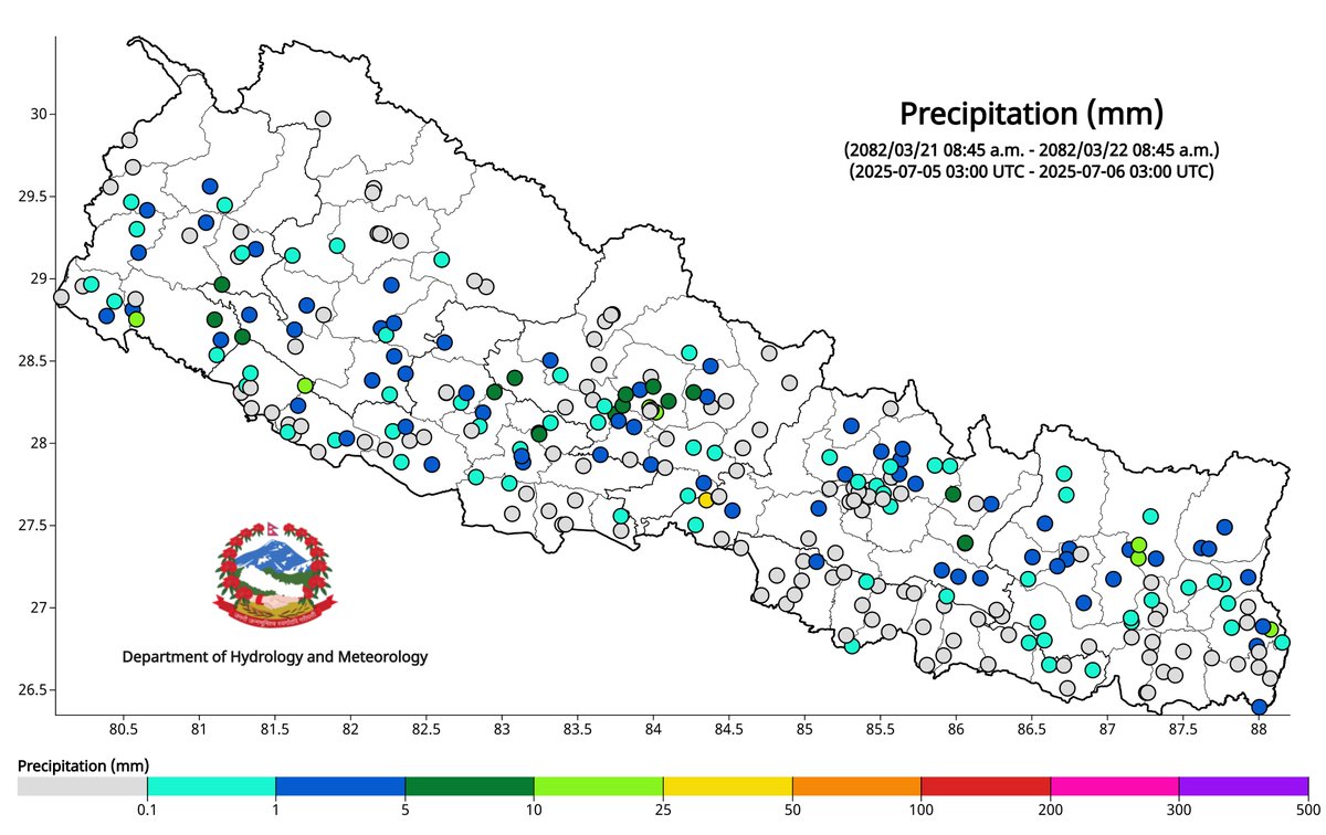 ClimateDhm's tweet image. #Daily_Weather_Summary_6th_July_2025
The highest daily precipitation (25.0mm) is recorded at Rampur (Chitwan) today. The highest temperature (35.5°C) is recorded at Jaleshwor(Mahottari) and the lowest (11.8°C) at Lukla Airport (Solukhumbu). For more, visit dhm.gov.np/climate-