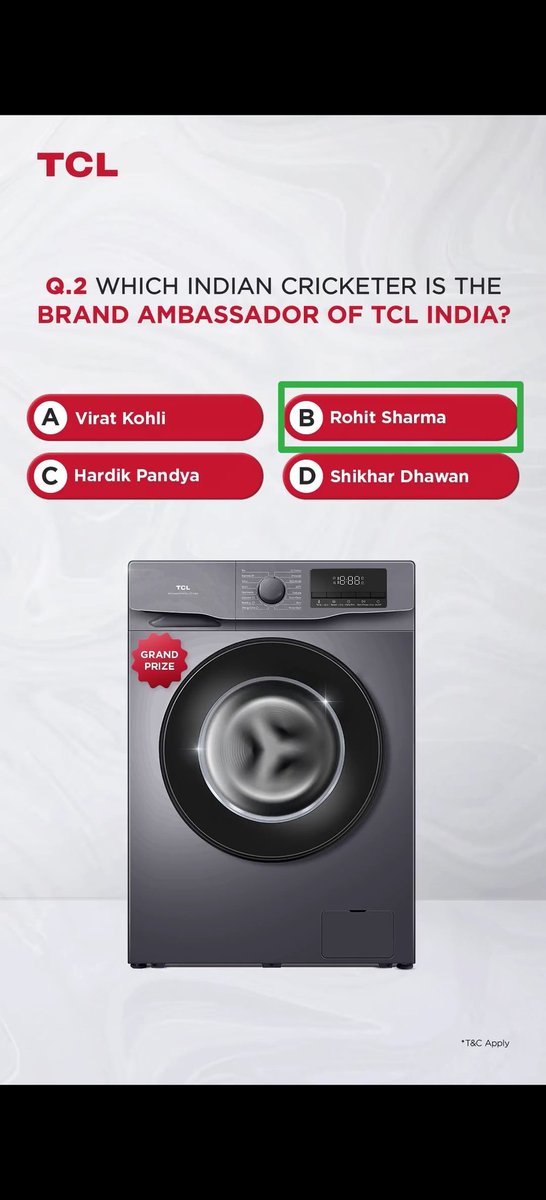 Shivanistfu's tweet photo. @tcl_india 1: B) Olympic Day  
2:B) Rohit Sharma  
3:C) The Creative Life  
4:C) Cricket 
Thank You @tcl_india for the Opportunity to win Big ♥️
✨🤞🎁. I need this for my mom  @tcl_india
Please comment too 
#TCLIndia #OlympicDay #TCLWashingMachine  #OlympicQuiz #WinWithTCL #TCLGiveaway https://t.co/AZty7pCyDk