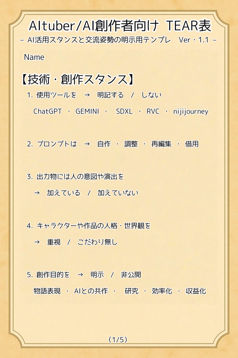 aizawa_mio_pd's tweet image. 🌿暫定ですが、最新にVersionUPさせた“TEAR表”を5枚作りました。
（リプライに続きます）

— Technology（技術）
— Effort（手作業）
— Art（創作姿勢）
— Respect/Relation（配慮と交流）

少しでも安心して創作や対話ができるきっかけになれば嬉しいです。