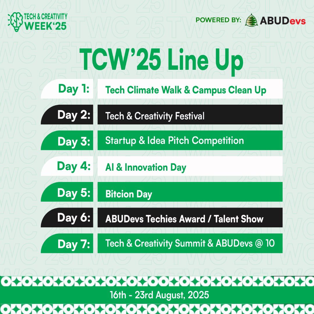 Abu_Devs's tweet image. TCW’25 Lineup is Here!
Get ready for 7 days of innovation, creativity & impact
🗓 16th–23rd Aug
From climate walk to summit & ABUDevs@10
#TCW25 #TechMeetsCreativity #ABUDevs #CampusVibes